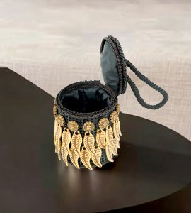 Original cylindrical hanging leaves based hand purse/ pouch with a zipper for women