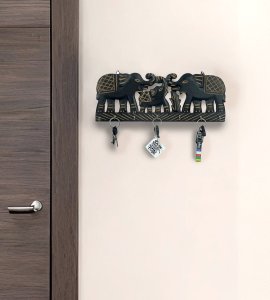 Elephant wooden hanging keystand / key rack for walls of your home and offices (black)