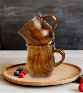 Japanese wooden round tea and coffee cups/ mugs with a handle for kitchen decor (Set of 4)