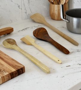 Long wooden non-sticky combo set of fancy spatulas/ compact flippers ladles, paltha, kalchul for kitchens (Set of 4)