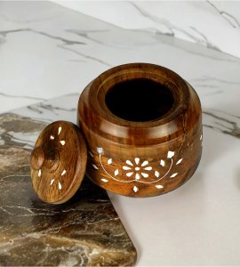 Wooden carving inlay pickle container with cap/lid for kitchen (Large)