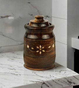 Wooden carving inlay pickle jar with cap/ pickle container /salt keeper with a lid for kitchen
