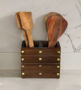 Wooden rectangular golden beads fixed ladle and spoon keeper/ pen container for home & kitchen decor (2 compartments)