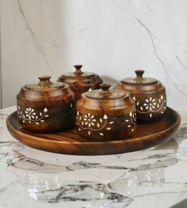 Pickle container with a circle plain rounded tray with 4 spoons and bowls /vintage design sugar containers & tray for kitchen purpose(pack of 4 bowls)