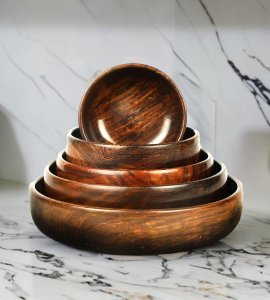 Rosewood classic wooden round handwrought bowl/ wati with great artistry for kitchen (Set of 5)