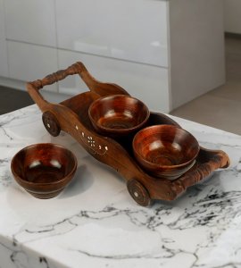Grand vertically designed shape wooden wheel tray/ serving tray/ trolley tray with 3 snack bowls, wavy borders and 4 wheels for kitchen and dining table