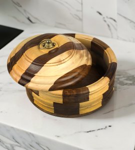 Indian wooden round brown striped roti and chapati box, roti keeper, casserole for kitchen and dining table