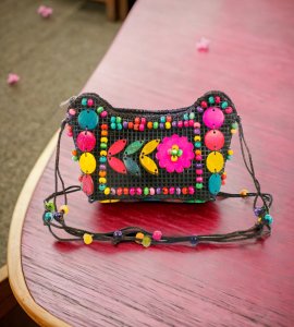 Tiny flower beads sling bag/ purse with long strap with a zipper pouch for women