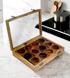 Wooden handcrafted spice box/ spice container with a closure transparent lid for kitchen and dining table (12 chambers)