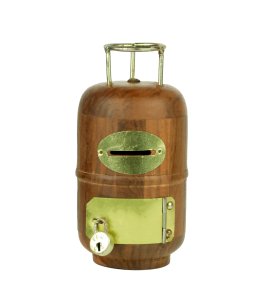 Durable handcrafted wooden cylindrical money bank or gullak with a coin slot for childrens