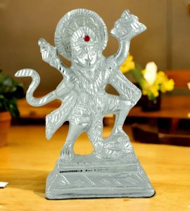 Brass metal silver standing Lord Hanuman idol with a circle chakra for home & puja ghar