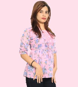 Blue flowers floral printed womens top (pink top) - Made up of Rayon for your plesant and cozy