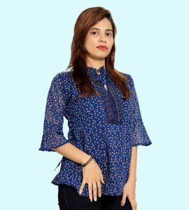 Blue orange infinite buds floral printed womens top (Navy blue) - Made up of Rayon for your plesant and cozy