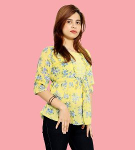 Blue flower floral womens printed top (yellow top) - Made up of Rayon for your plesant and cozy