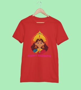Durga maa animation face printed unisex adults round neck cotton half-sleeve red tshirt specially for Navratri festival/ Durga puja