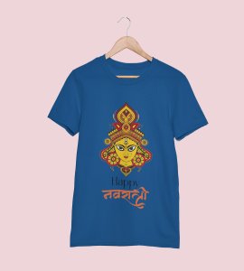 Durga maa face (Yellow) printed unisex adults round neck cotton half-sleeve blue tshirt specially for Navratri festival/ Durga puja