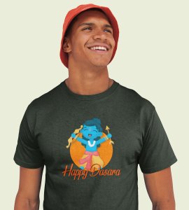 Happy dasara printed unisex adults round neck cotton half-sleeve green tshirt specially for Navratri festival/ Durga puja