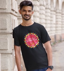 Keep calm, Garba on! printed unisex adults round neck cotton half-sleeve black tshirt specially for Navratri festival/ Durga puja
