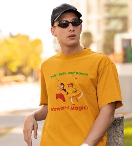 Navratri magic printed unisex adults round neck cotton half-sleeve yellow tshirt specially for Navratri festival/ Durga puja