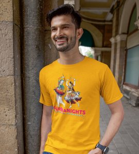 Garba couple potrait printed unisex adults round neck cotton half-sleeve yellow tshirt specially for Navratri festival/ Durga puja