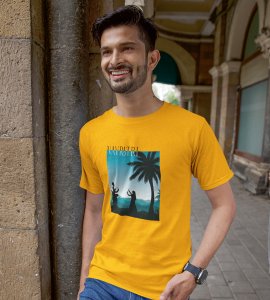 Blue rectangular box scenery printed unisex adults round neck cotton half-sleeve yellow tshirt specially for Navratri festival/ Durga puja