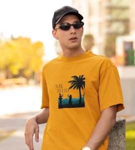 Blue mountains printed unisex adults round neck cotton half-sleeve yellow tshirt specially for Navratri festival/ Durga puja