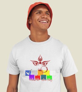 Durga maa eyes (eyes) printed unisex adults round neck cotton half-sleeve blue tshirt specially for Navratri festival/ Durga puja