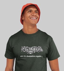 Ah! its dussehra again printed unisex adults round neck cotton half-sleeve green tshirt specially for Navratri festival/ Durga puja