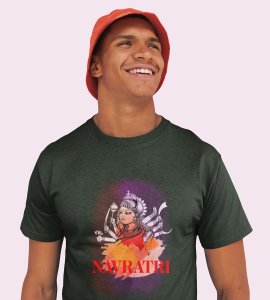 Durga maa idol printed unisex adults round neck cotton half-sleeve green tshirt specially for Navratri festival/ Durga puja