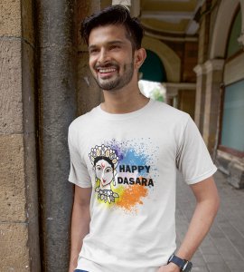 Happy Dasara (white) printed unisex adults round neck cotton half-sleeve white tshirt specially for Navratri festival/ Durga puja
