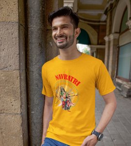 Durga maa idol printed unisex adults round neck cotton half-sleeve yellow tshirt specially for Navratri festival/ Durga puja
