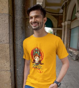 Durga maa animated printed unisex adults round neck cotton half-sleeve yellow tshirt specially for Navratri festival/ Durga puja