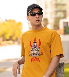 Durga maa (3 trishuls) printed unisex adults round neck cotton half-sleeve yellow tshirt specially for Navratri festival/ Durga puja