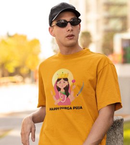 Durga maa (pink) printed unisex adults round neck cotton half-sleeve yellow tshirt specially for Navratri festival/ Durga puja