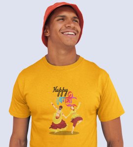Colourful navratri text printed unisex adults round neck cotton half-sleeve yellow tshirt specially for Navratri festival/ Durga puja