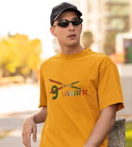 Dandiyas intercrossed printed unisex adults round neck cotton half-sleeve yellow tshirt specially for Navratri festival/ Durga puja