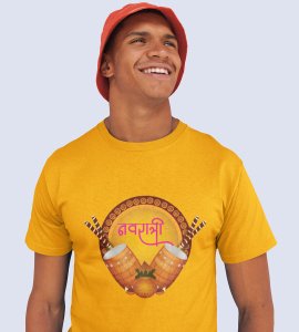 Navratri (2 dhaks) printed unisex adults round neck cotton half-sleeve yellow tshirt specially for Navratri festival/ Durga puja