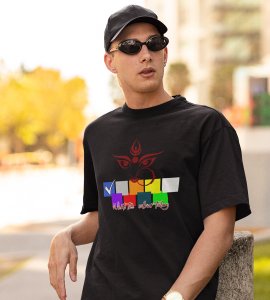 Whats the colour printed unisex adults round neck cotton half-sleeve black tshirt specially for Navratri festival/ Durga puja