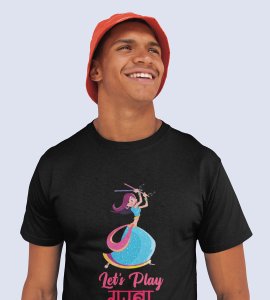 Lets play garba printed unisex adults round neck cotton half-sleeve black tshirt specially for Navratri festival/ Durga puja
