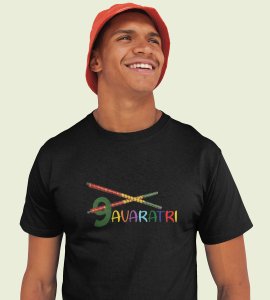 Navratri (2 dandiyas) printed unisex adults round neck cotton half-sleeve black tshirt specially for Navratri festival/ Durga puja