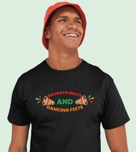 Navratri beats and dancing feets printed unisex adults round neck cotton half-sleeve black tshirt specially for Navratri festival/ Durga puja