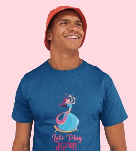 Let's play garba printed unisex adults round neck cotton half-sleeve blue tshirt specially for Navratri festival/ Durga puja