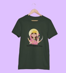 Pink saree dressup durga maa printed unisex adults round neck cotton half-sleeve green tshirt specially for Navratri festival/ Durga puja