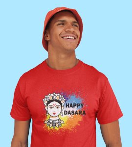 Happy Dasara (BG white) printed unisex adults round neck cotton half-sleeve red tshirt specially for Navratri festival/ Durga puja