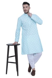 Stylish Feroze Blue Floral Cotton Men's Kurta - Versatile Elegance