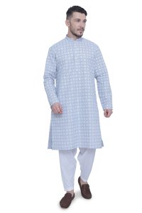 Sophisticated Gray Floral Print Cotton Men's Kurta - Timeless Elegance