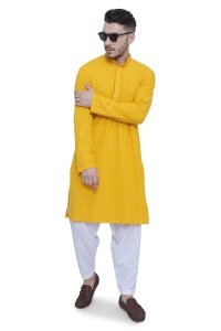 Vibrant Yellow Chikankari Men's Kurta Set in High-Quality Fabric