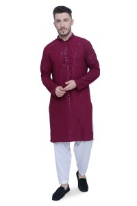 Exquisite Wine Color Chikankari Men's Kurta Set in High-Quality Fabric