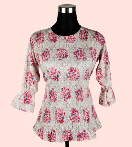 Red Blossoms on Cream: Women's Floral Print Top - Timeless Elegance