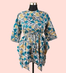 Women's Round Neck Top with Feroze Blue Floral Print - Chic and Refreshing